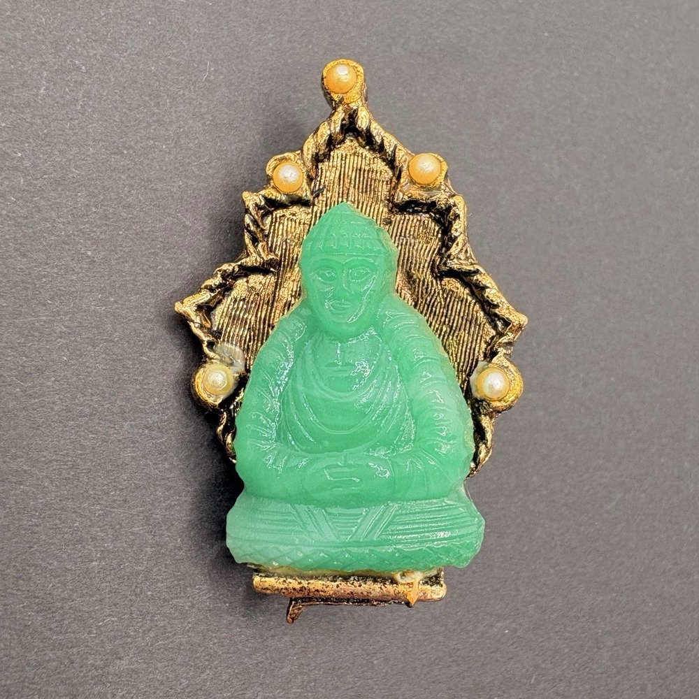 Vintage Ambassador Buddha Brooch Faux Jade Pearl Green Glass Gold Tone